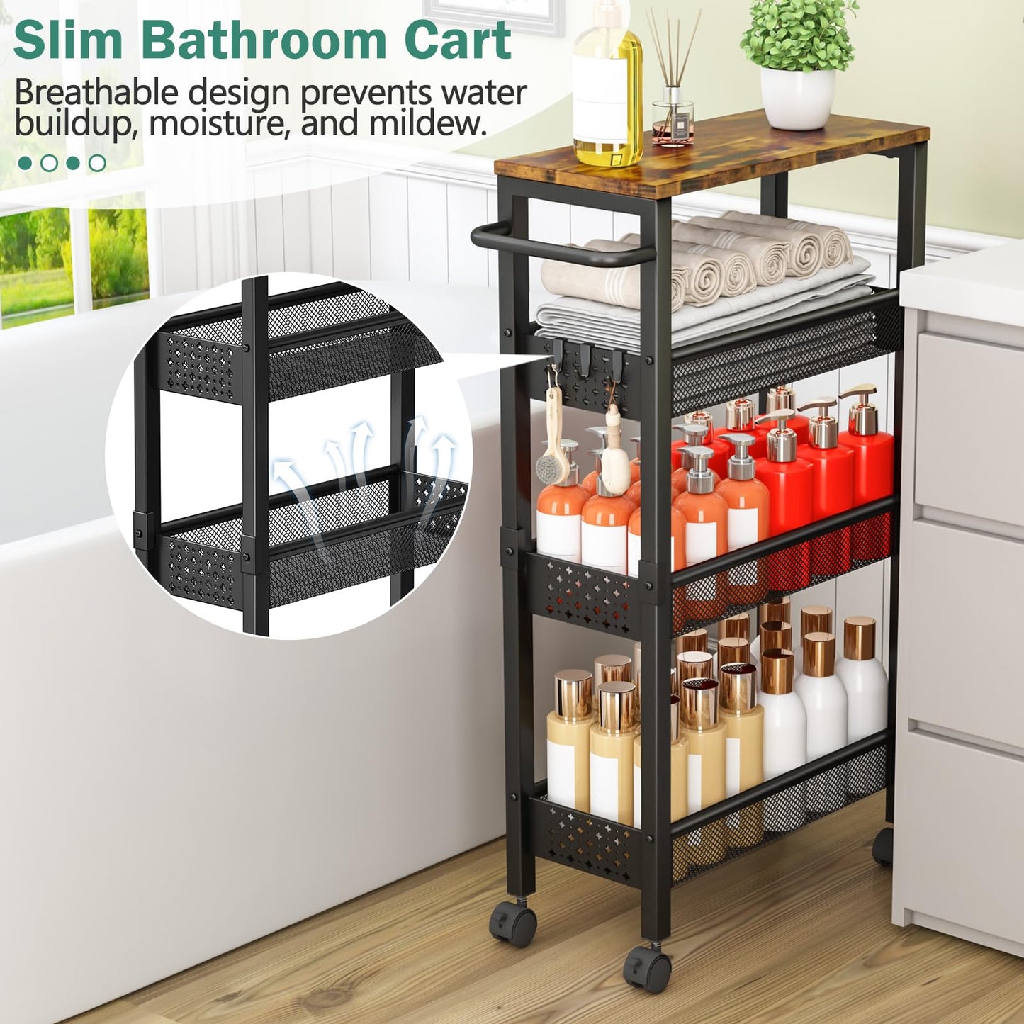 Vivihomety 4-Tier Slim Utility Rolling Laundry Cart with Wheels, Metal