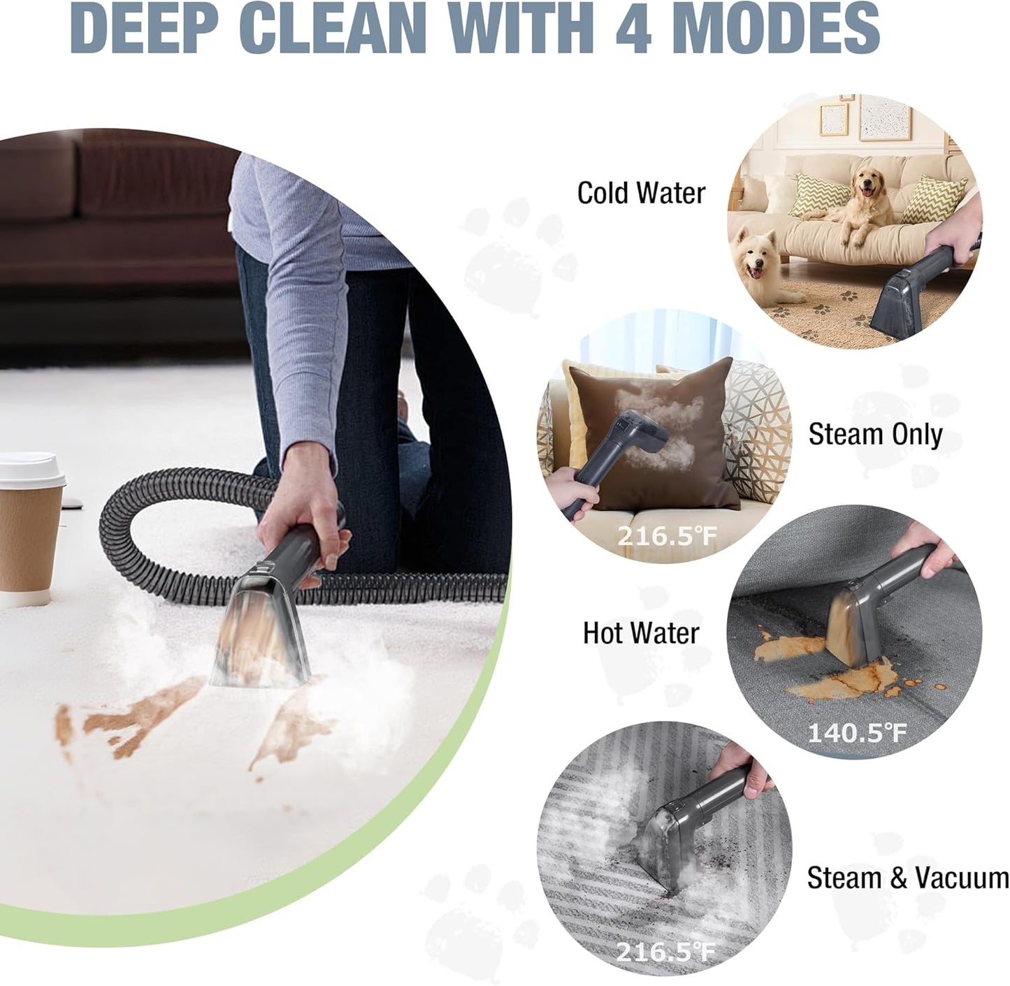 WORKPRO Steam Portable Carpet and Upholstery Cleaner, 16KPa Upholstery Cleaner Machine with Steam & Heating System, 4 Cleaning Modes & Versatile Tools, Spot Cleaner for Pet Stains, Couch, Car Seat