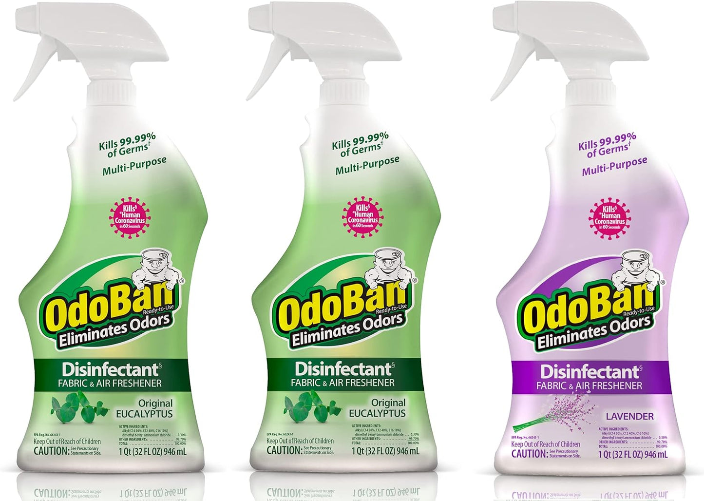 OdoBan Ready-to-Use Disinfectant and Odor Eliminator, Set of 3 Spray Bottles, Made in the USA, Original Eucalyptus and Lavender Scents, 32 Ounces Each
