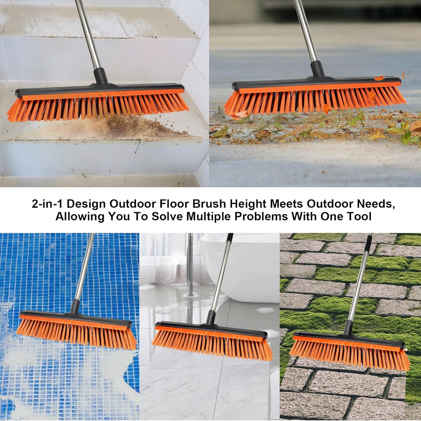 18" Push Broom Outdoor with Rubber Squeegee,Heavy Duty Broom Brush with Handle,Stiff Bristles for Patios and Deck Dirt Garage Warehouse Driveway Concrete Floor Cleaning Scrubbing