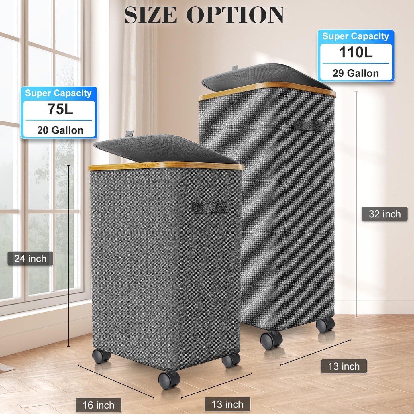 Laundry Hamper with Wheels,20 Gal (75L) Laundry Basket with lid Rolling Clothes Hamper Foldable Dirty Clothes Basket on wheels with Bamboo Frame and Bag for Bedroom, Dorm, Laundry Room-Grey