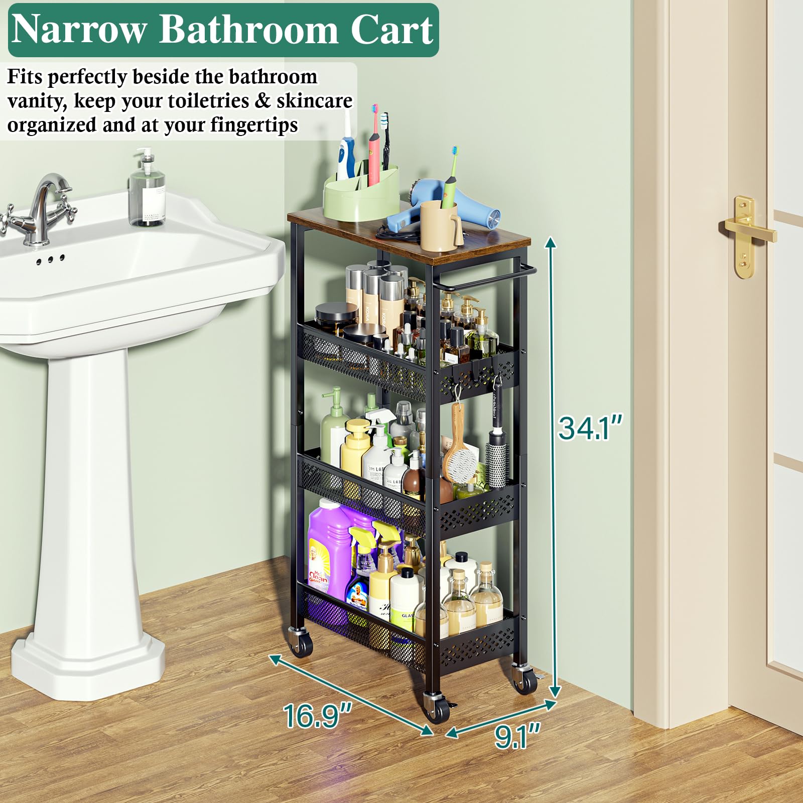 OKZEST 4-Tier Slim Rolling Storage Cart for Bathroom, Laundry Room, Kitchen