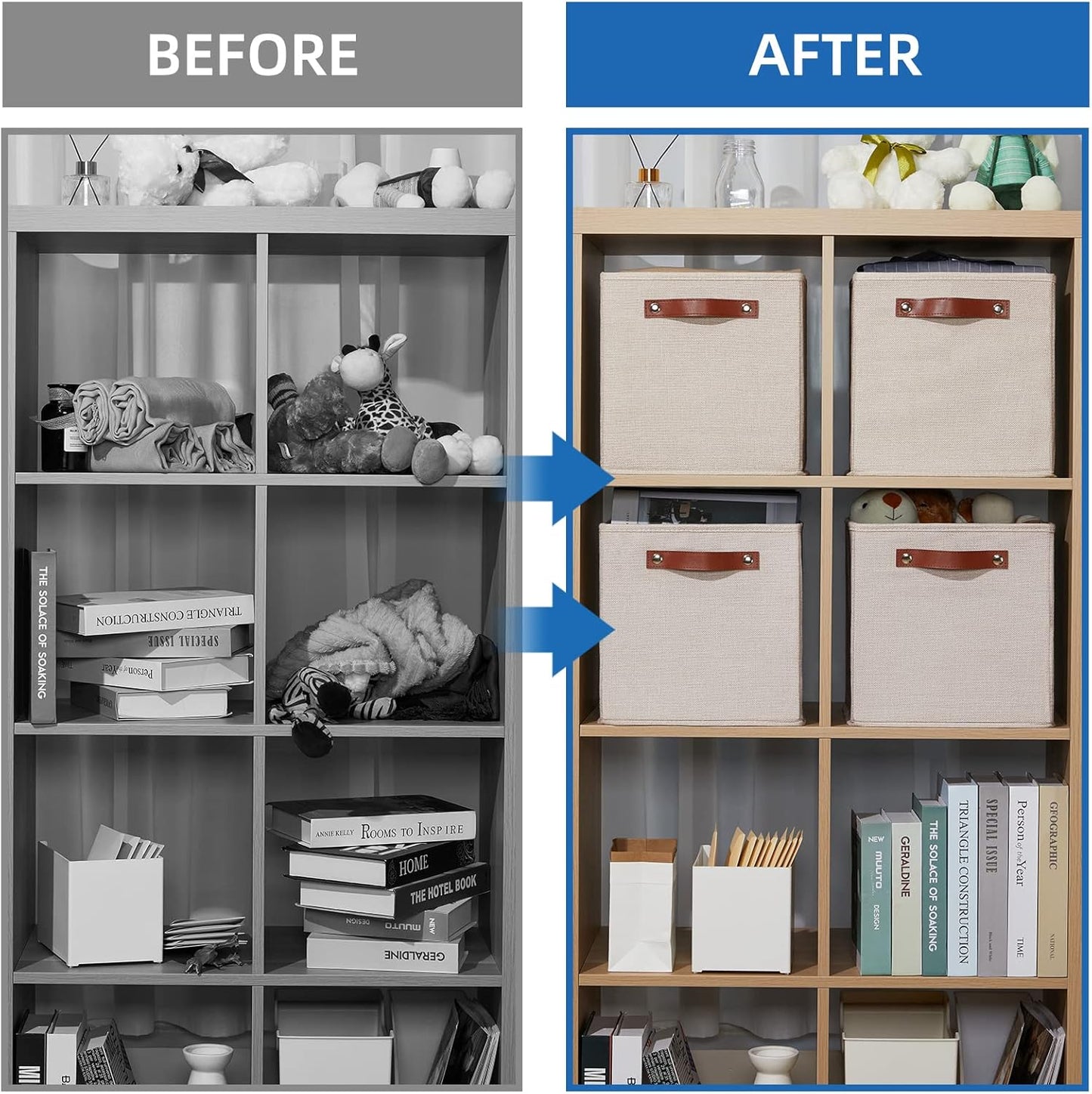 Temary 11x11 Storage Cubes Fabric Storage Cubes Storage Bins with Dual Leather Handles Canvas Storage Boxes for Organizing Home, Shelf, Closet (Beige, 11 x 11 x 11)