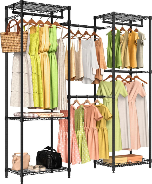 Heavy Duty Clothes Rack, Freestanding Garment Rack System Closet Organizer for Hanging Clothes, Metal Wire Clothing Rack with 5 Shelves & 5 Rods,Adjustable Wardrobe Shelf,Black