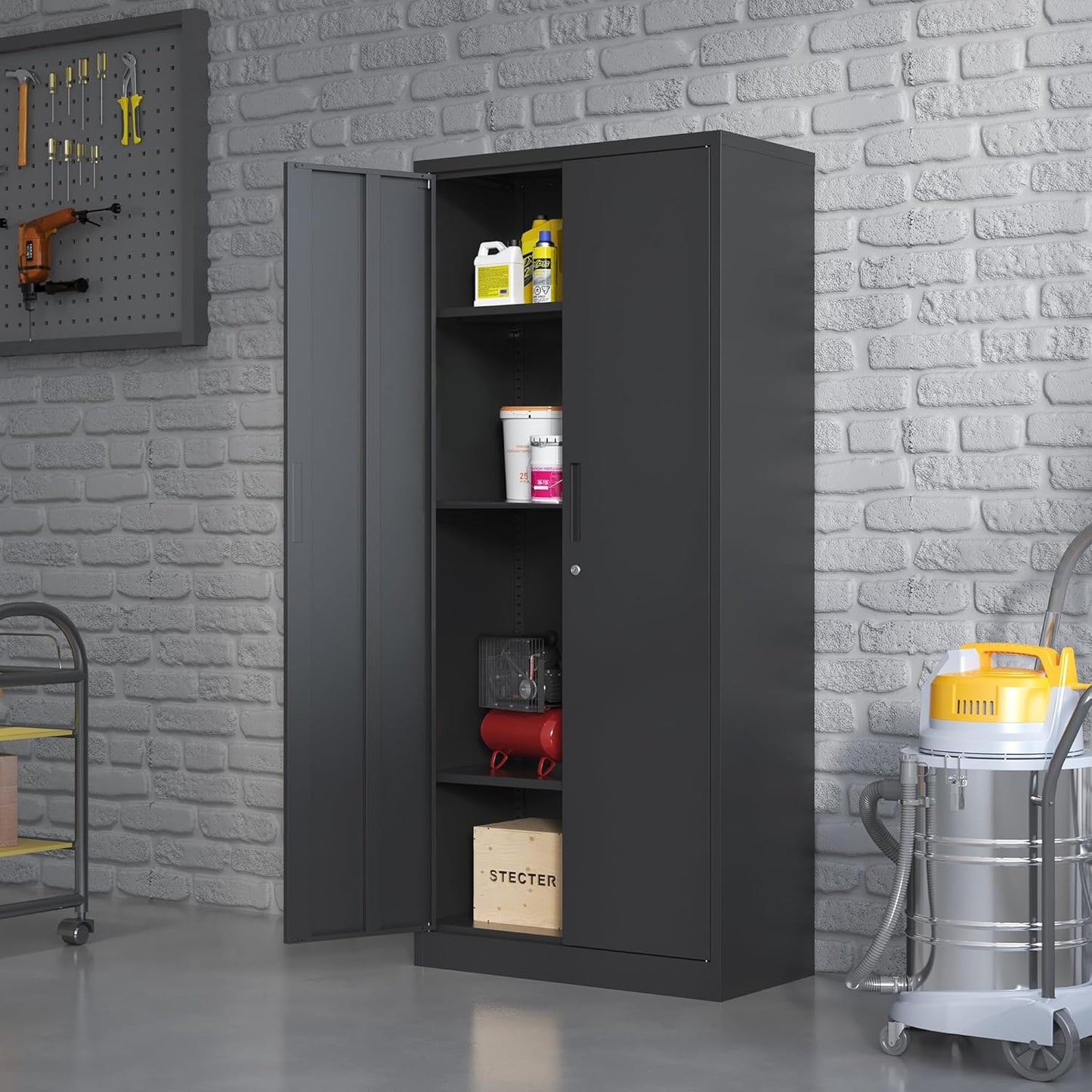 Metal Storage Cabinet with Adjustable Shelves, Garage Tool Cabinet with 2 Lockable Doors for Office, Home, Garage, Require Assembly, Black