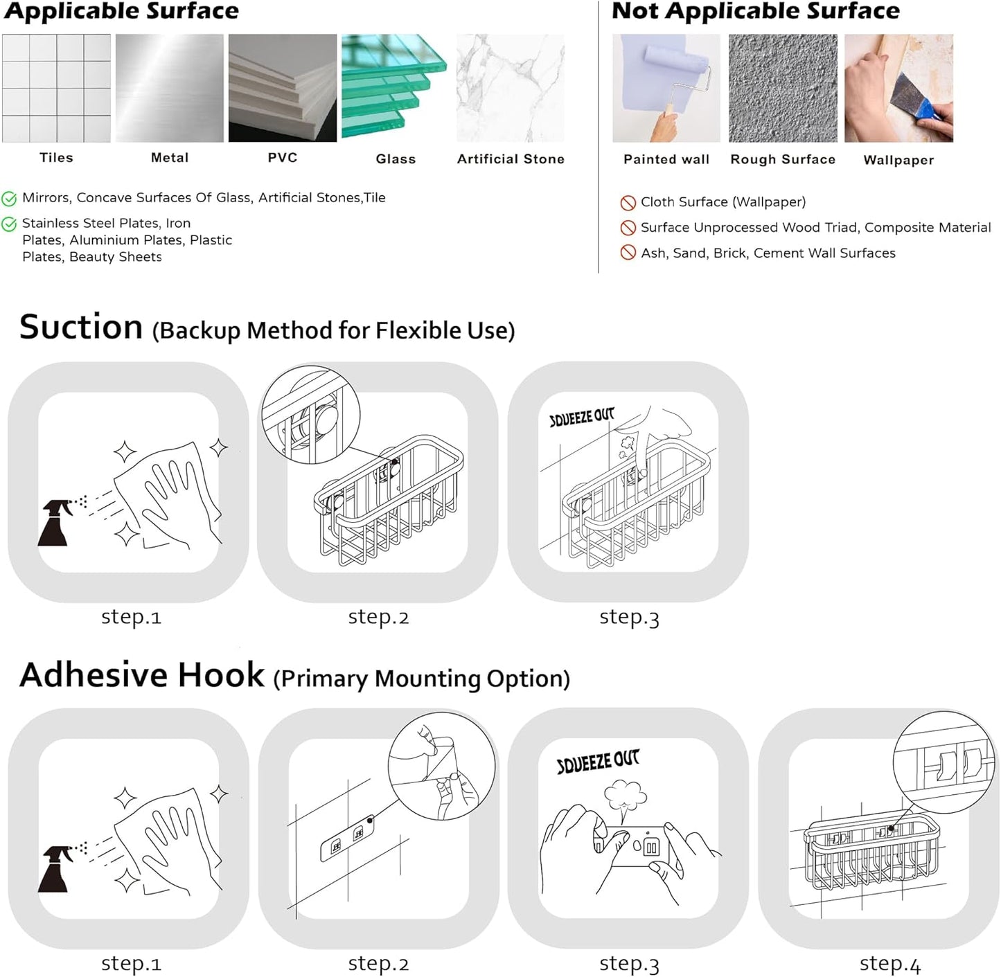 SunnyPoint NeverRust Deluxe Kitchen & Bathroom Sink Sponge Holder Organizer with Adhesive Mount - Additional Suction Cup Included – Sponge & Brush NOT Included – 7.4 x 3.3 x 2.75 Inch, BLK