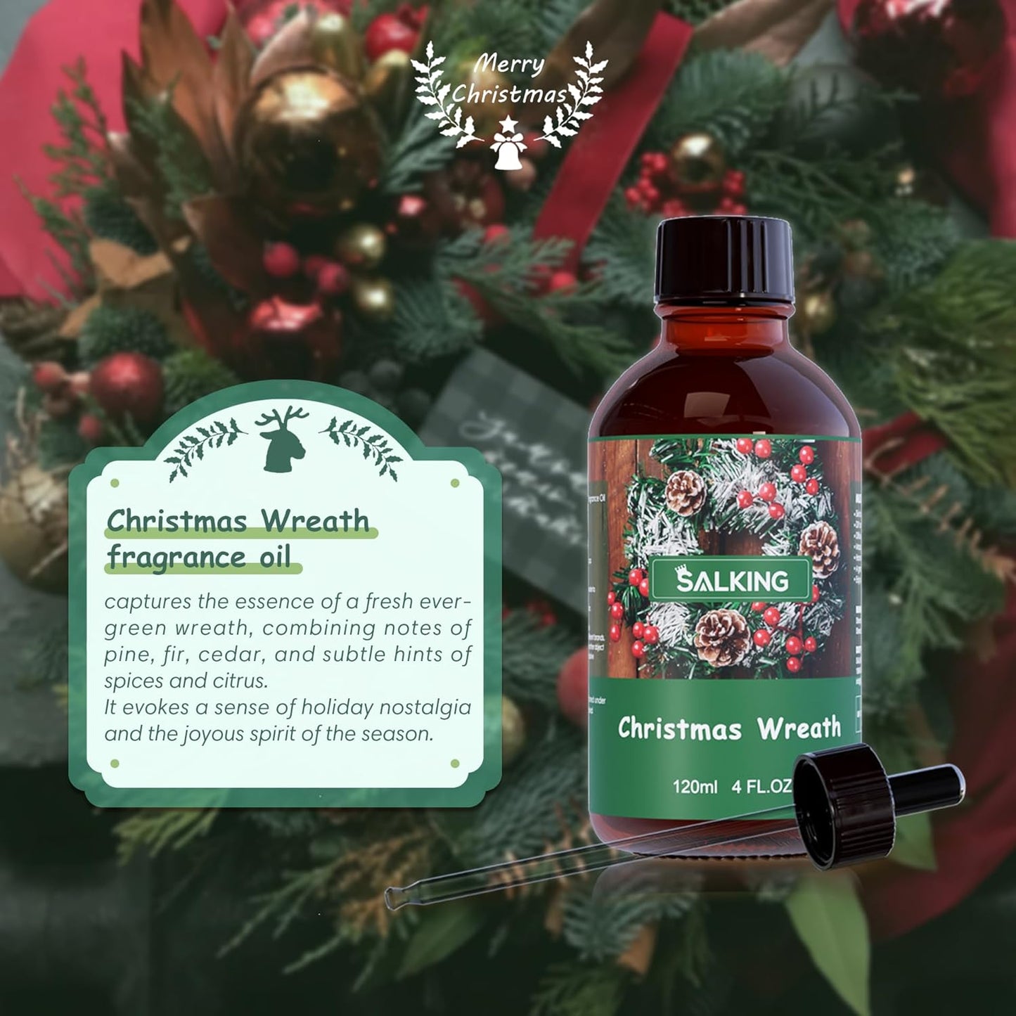 SALKING Christmas Wreath Fragrance Oil, 120ml (4 Fl Oz) Premium Essential Oils for Diffuser, Candle Scents for Candle Making, Soap Making Supplies, Diffuser Oil Scents, Holiday Gifts