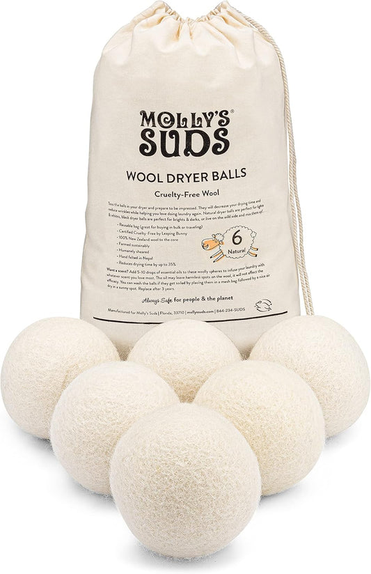 Molly's Suds Wool Dryer Balls | XL, Premium Organic Fabric Softener, Hypoallergenic, Hand-Felted, Reusable, Reduce Drying Time | White, Set of 6