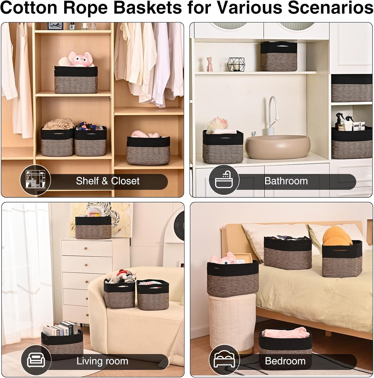 Small Storage Baskets for Organizing Shelves, Cotton Rope Basket for Storage, Cute Rectangular Book Toy Basket, 12.7"×9.1"×7.9", 4 Packs, Black & Jute