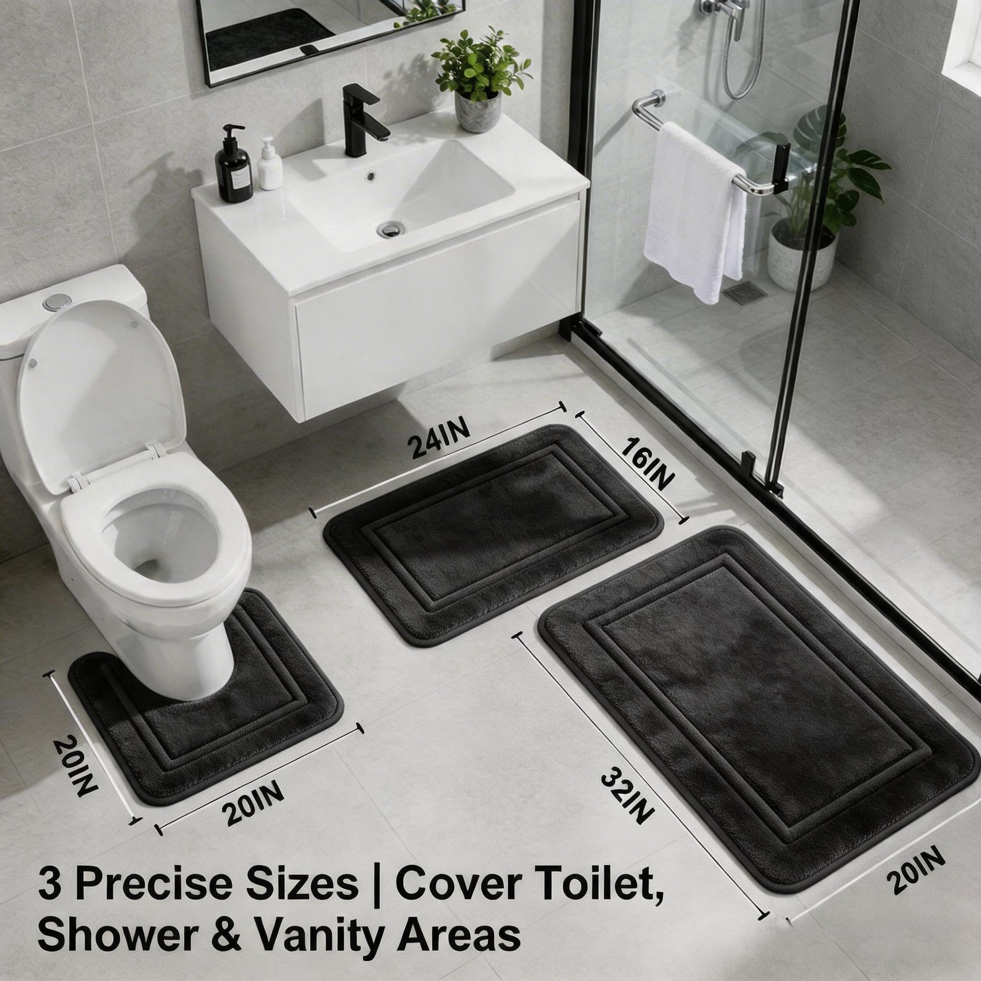 Bathroom Rugs Set 3 Piece Memory Foam Bath Mats Non-Slip Bath Rug Set ,Washable Bathroom