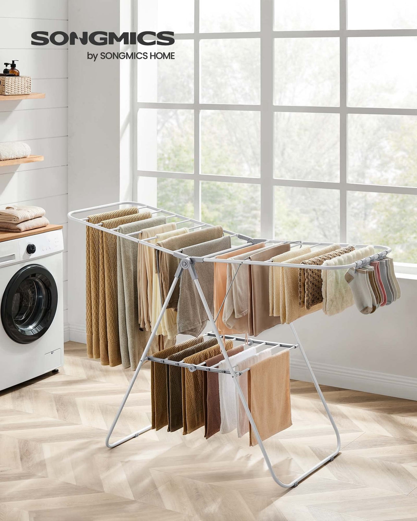 SONGMICS Clothes Drying Rack, with Sock Clips, Metal Laundry Rack, Foldable, Space-Saving