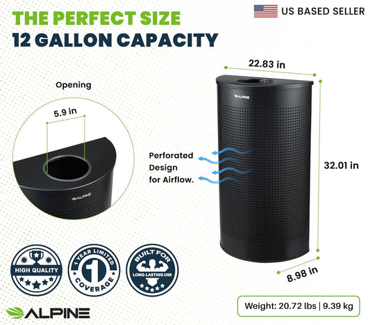 Alpine Half Round Trash Can Open Top - Modern Black Metal 12 Gallon, Space Saving Indoor Commercial Trash Can, Narrow Garbage Can for Bathroom, Office, Lobby and Business.