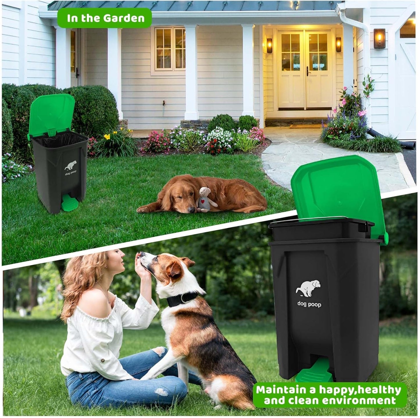 Dog Poop Trash Can Outside, 20L/5Gallon Dog Waste Trash Can with Lid, Pedal and Removable Inner Waste Bin, Pet Poop Bucket with 100 Bags, Green