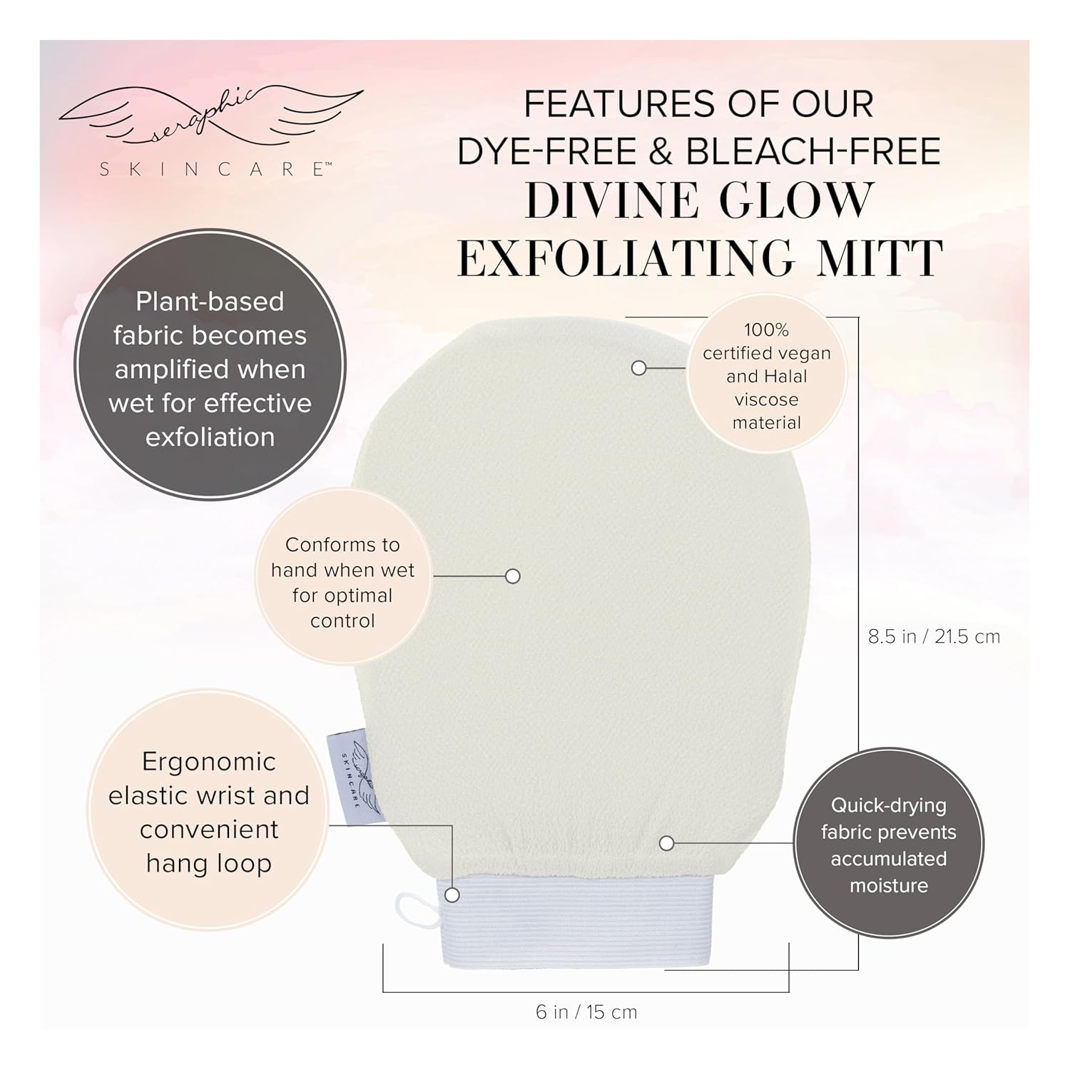 Seraphic Skincare Divine Glow Exfoliating Mitt (1pc) – 100%, Dye-Free, Bleach-Free Vegan Viscose