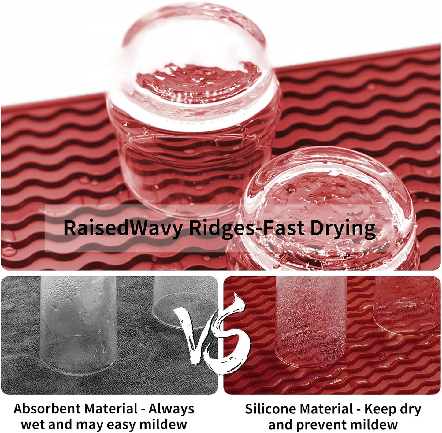 ZLR Silicone Dish Drying Mat for Kitchen Counter, Eco-Friendly Fast Dry Dish Mat, Easy Clean Multi Usage Drying Matt, Heat Resistant Trivet, 12" x 12" Middle, Lave Red