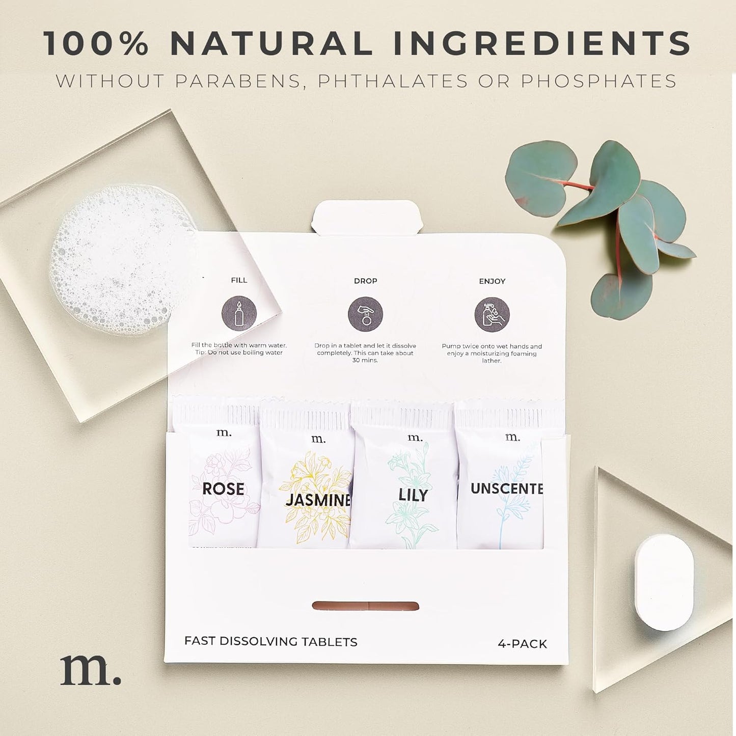 MaisoNovo 14 oz Clear Glass Foaming Soap Dispenser with White Pump + Mixed 4 Pack Foaming Hand Soap Refill Tablets