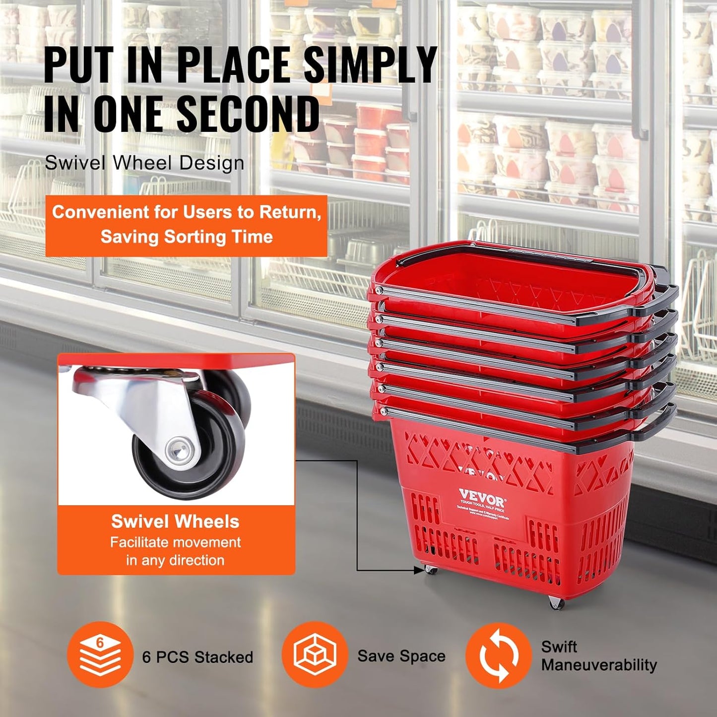 VEVOR Shopping Carts with Handles, 6PCS, 39L Plastic Rolling Shopping Basket with Wheels, Large Portable Shopping Basket Set for Supermarkets, Retail Stores, Grocery Shopping, Red