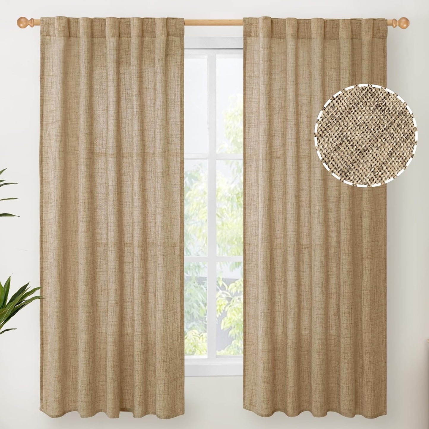 YoungsTex Toffee Linen Curtains 63 Inch Length for Short Living Room Window, Light Filtering Rod Pocket Burlap Textured Drapes for Bedroom Back Tab Rustic, 42 X 63 Inch, 2 Panels