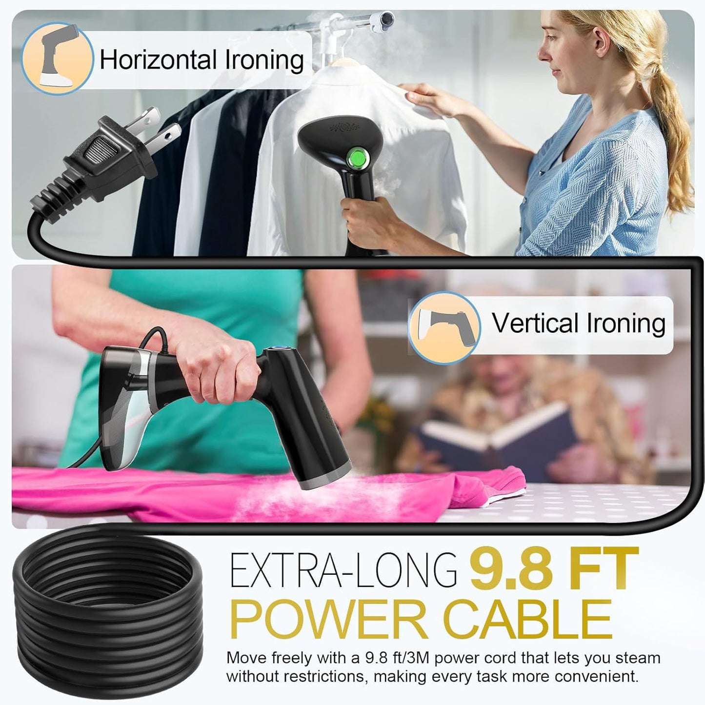 Steamer for Clothes, 1800W Fast Heat-up Clothes Steamer Handheld Garment Steamer with 3 Steam Settings, 380ml Water Tank, 9.8' Cord, Portable Travel Steam Iron for Removes Wrinkle Safe on All Fabrics