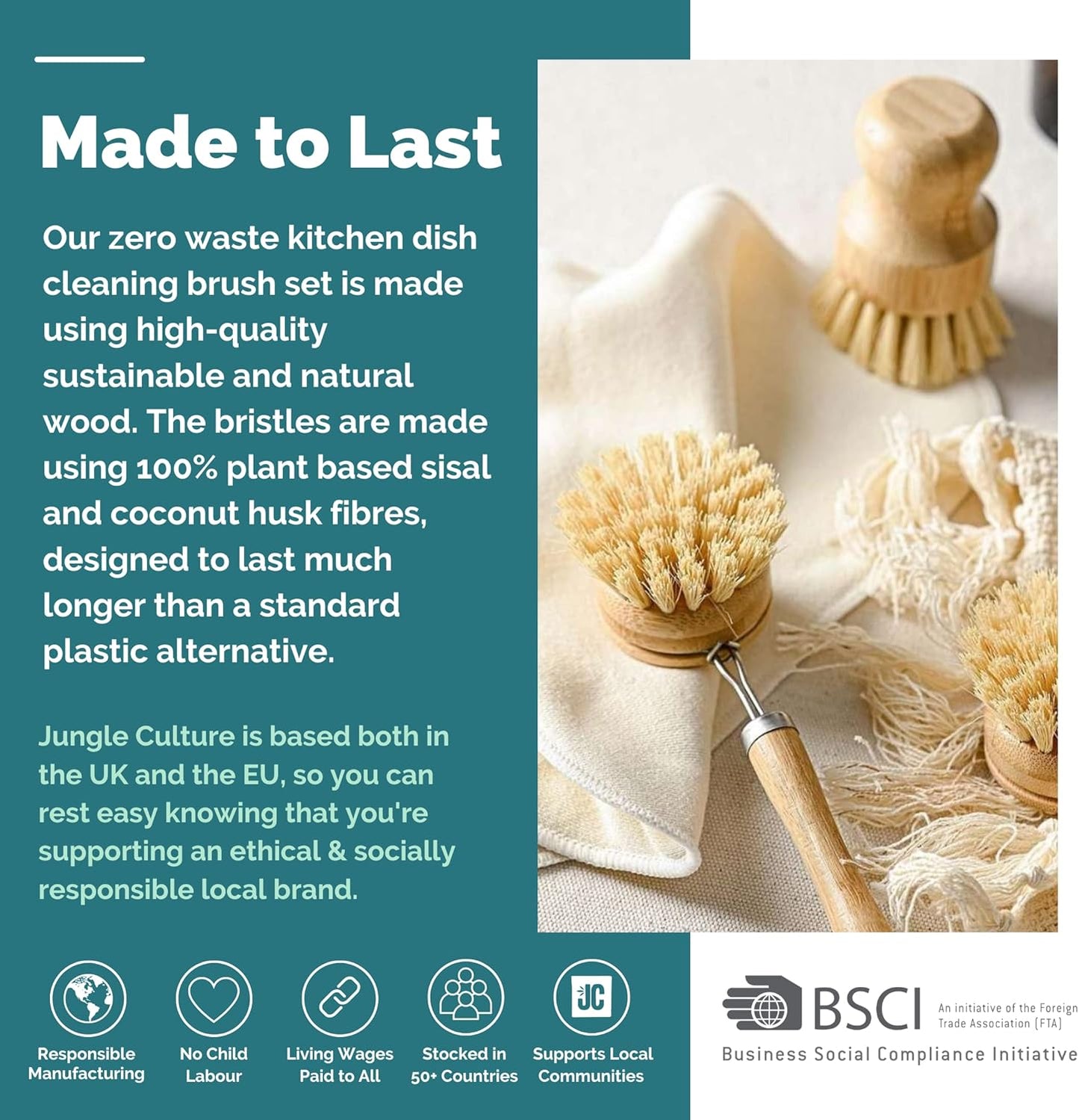 Jungle Culture® 6 Piece Natural Dish Brushes for Washing Up • Eco Dish Brush Kitchen Cleaning Set • Plant Based Coconut Scrubbers • Bottle/Pot Brush & Eco Friendly Scourer Sponge for Pans & Dishes