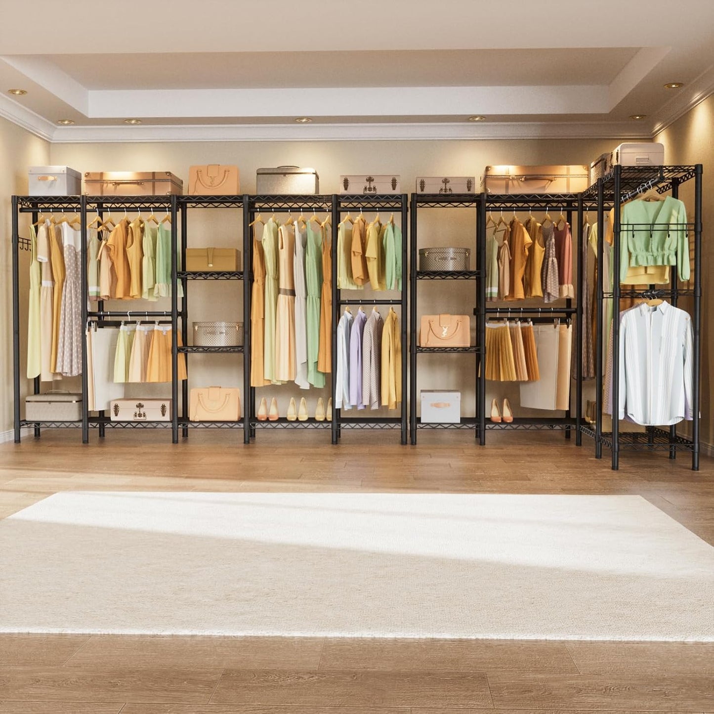 L Shaped Heavy Duty Metal Clothes Rack for Hanging Clothes,Freestanding Garment Rack Closet Wardrobe Rack Clothing Rack with 4 Hanging Rods & 1 Side Hook,50"Lx 50"Wx 76.4"H,Max Load 1100LBS