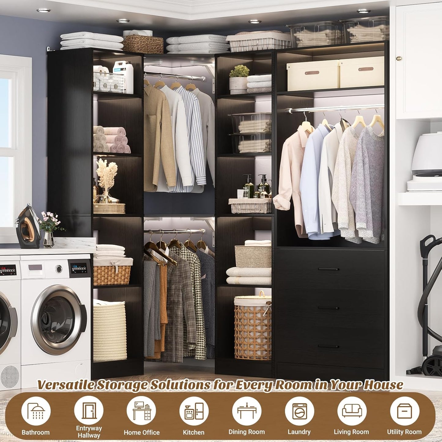 Corner Closet System with 3 Drawers, Corner Closet Organizer System with 13 Shelves & 3 Hanging Rods, 63.2"L * 39.2"W Reversible L Shaped Walk-in Closets, Load 2000+LBS, Black