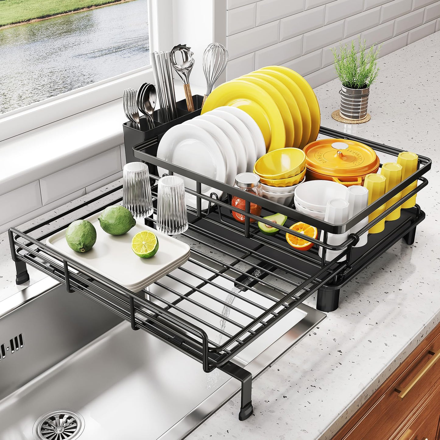 Expandable Dish Drying Rack for Kitchen Counter, Stainless Steel, Black