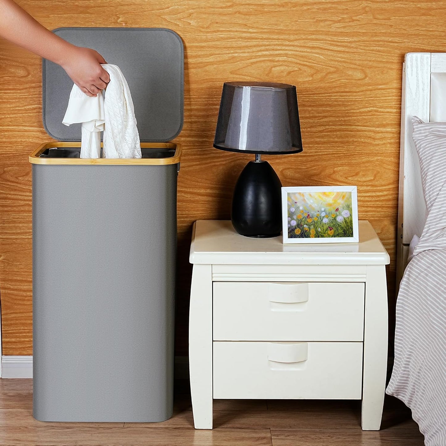 efluky Laundry Basket with Lid and Removable Bag, 100L Tall Laundry Hamper with Bamboo Handles, Aesthetic Dirty Clothes Bin for Laundry Room, Bathroom, Bedroom and Dorm, Silver Grey