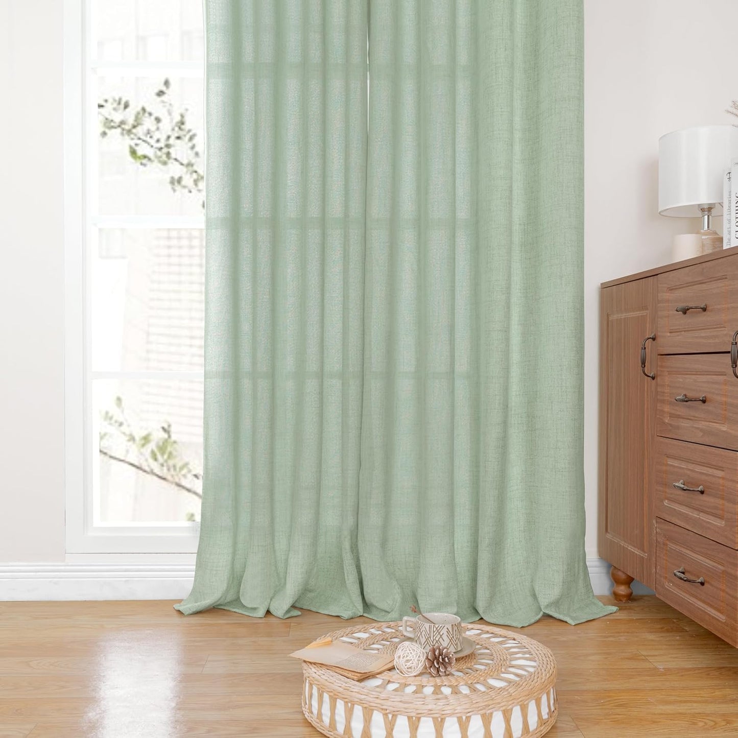 YoungsTex Sage Green Linen Curtains 63 Inch Length for Short Living Room, Semi Sheer Window Drapes Light Filtering with Back Tab Rod Pocket for Bedroom Spring Decor, 52 X 63 Inch, 2 Panels