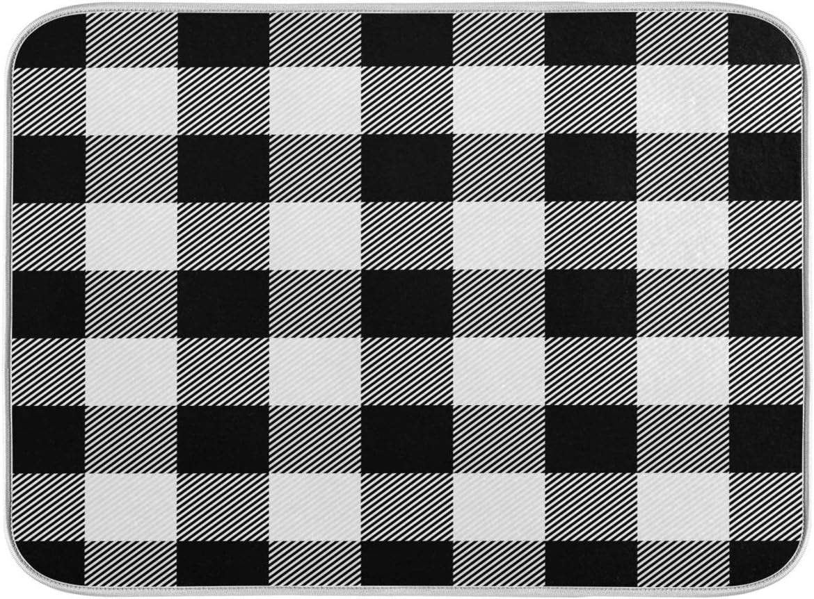 White and Black Buffalo Plaid Dish Drying Mat 16x18 for Kitchen Classic Buffalo Check Dishes Pad Dish Drainer Rack Mats Absorbent Fast Dry Kitchen Accessories