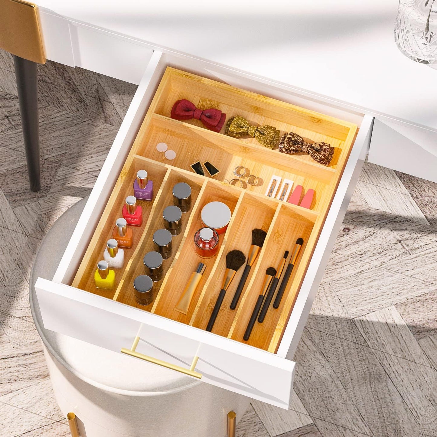 Flatware Organizer Silverware Drawer Organizer - 7 Slots Bamboo Cutlery Tray Multipurpose kitchen Drawer Organizer for Silverware, Utensils, Cutlery, Flatware, Knives W13”x L17” (Yellow)