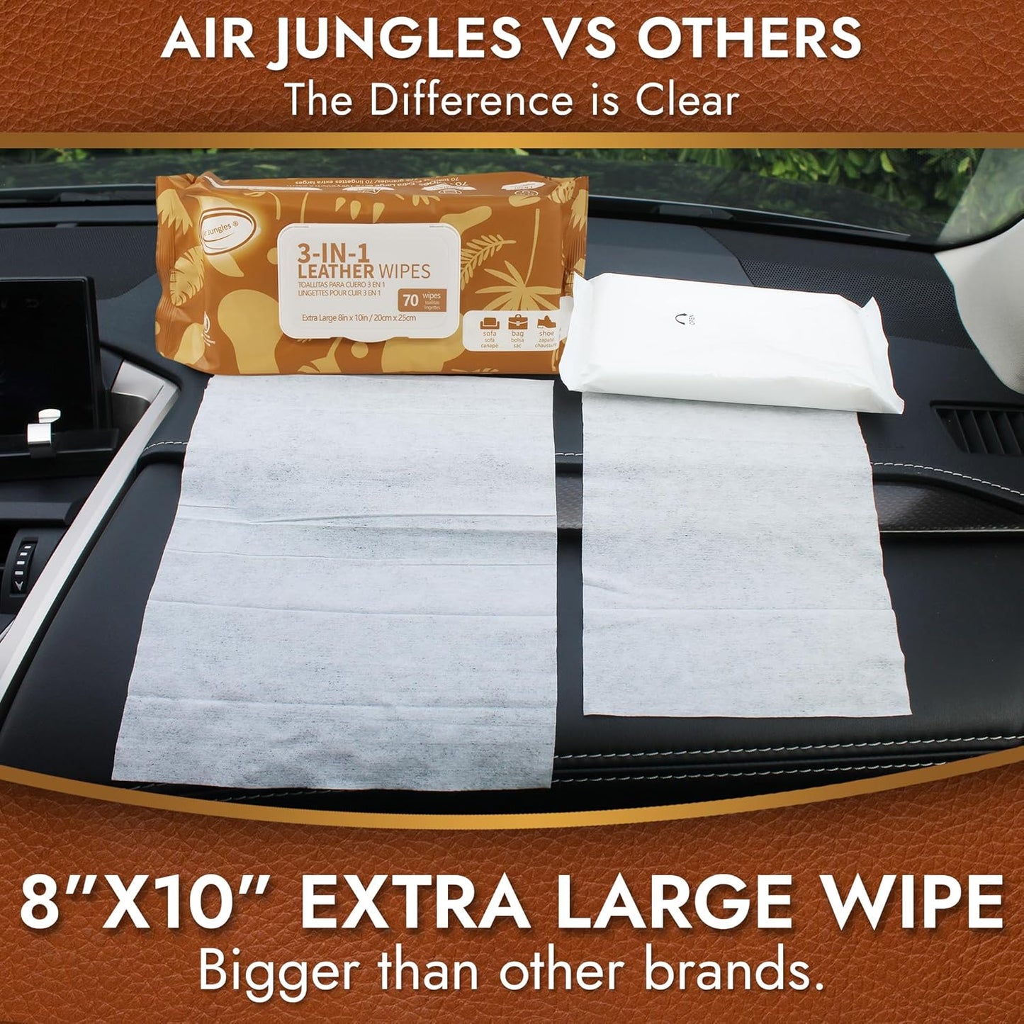 Air Jungles 3in1 Leather Wipes 140 Count, Extra Large 8" x 10" Size, Clean Condition Protect Wipes for Vinyl and Leather Apparel Furniture Auto Car Interior Shoes Boots Bags