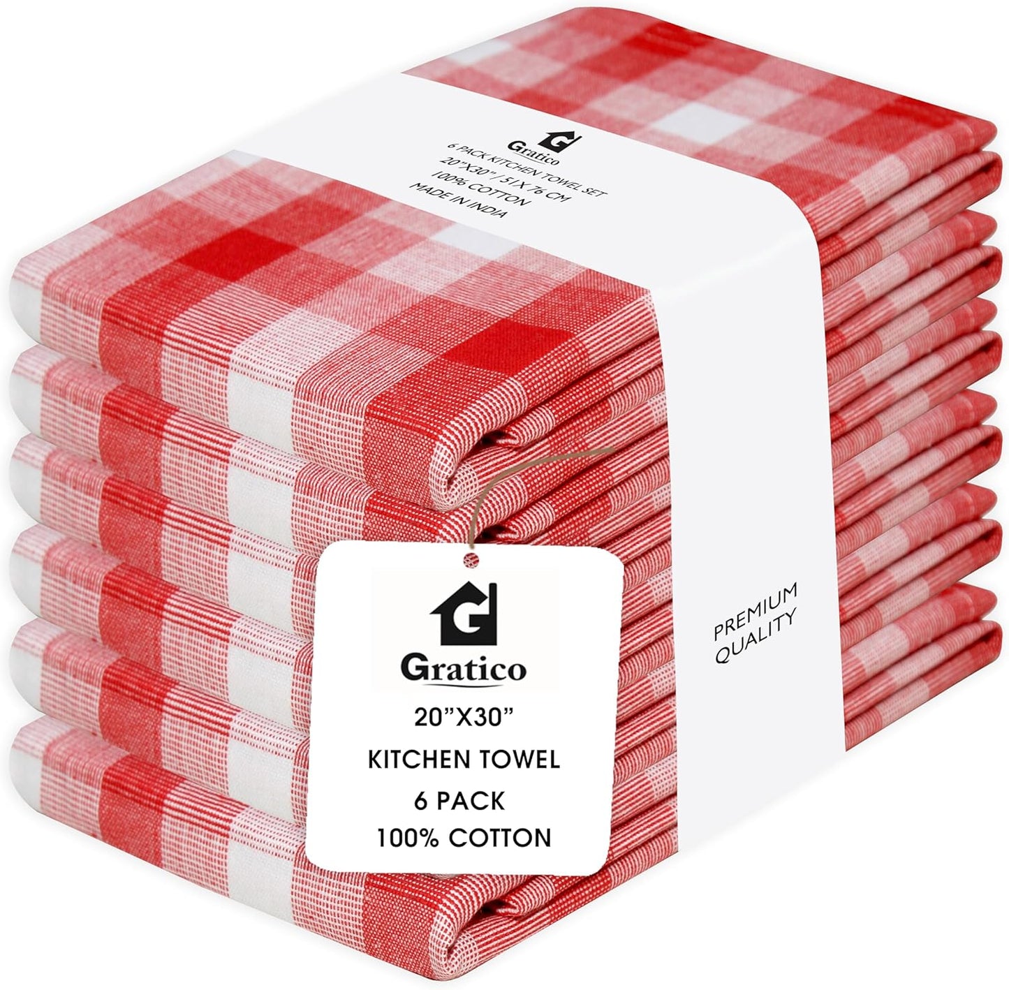 Christmas Kitchen Towels Set of 6 Red/White Checks, Reusable Cotton 20X30 Inches Dish Towel Highly Absorbent Premium Quality Ultra Soft Mitered Corners Kitchen Towels