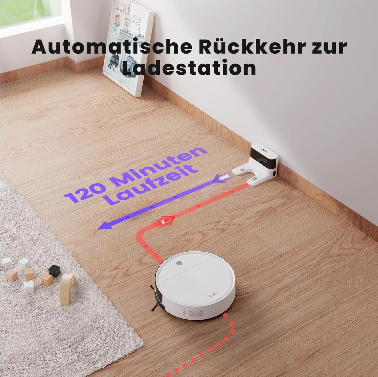 OKP Robot Vacuum Cleaner K5B, Super Thin, Powerful Suction, Cleaning Schedules, Self-Charging, Robotic Vacuums with Wi-Fi/App/Alexa Control, Ideal for Pet Hair Carpets Hard Floors