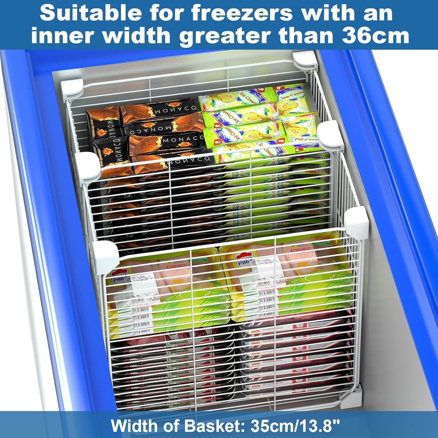 Deep Freezer Organizer Bin 13.8"x13.8"x13.8", Vertical Sides Wire Freezer Baskets with Adjustable Divider Pantry, Freezer Bins for Upright Freezer Meats Frozen Food Snacks Ice Cream Fruits&Vegetables
