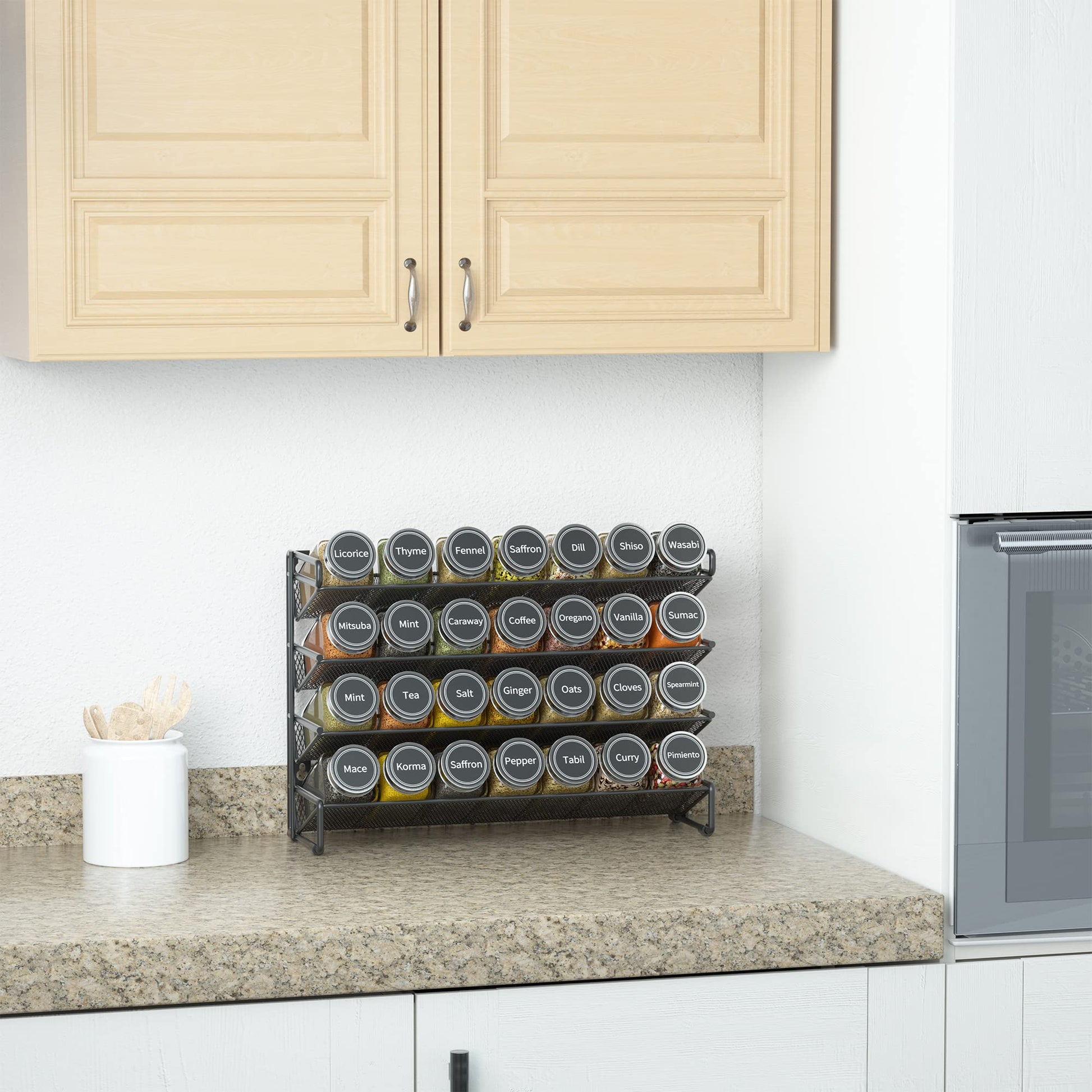 SpaceAid Spice Rack Organizer with 28 Spice Jars, 386 Spice Labels, Chalk Marker and Funnel Set for