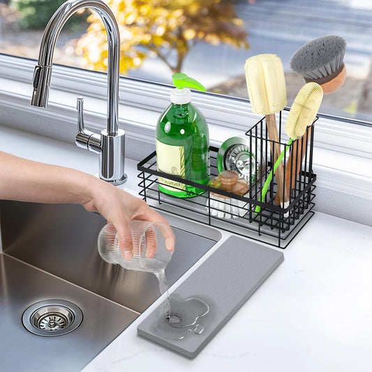 Sponge Holder for Kitchen Sink with Instant Drying Stone, Sponge Caddy, Stainless Steel Sink Caddy Organizer with Brush Holder, Dish Soap Dispenser, Kitchen Sink Accessories & Storage Rack