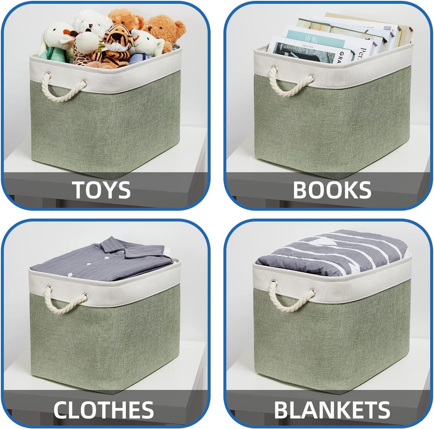 Temary Storage Baskets Fabric Storage Bins for Shelves, 2 Pack Decorative Storage Boxes Canvas Storage Basket with Handles for Organizing Clothes, Books(White&Green,16Lx12Wx12H Inches)