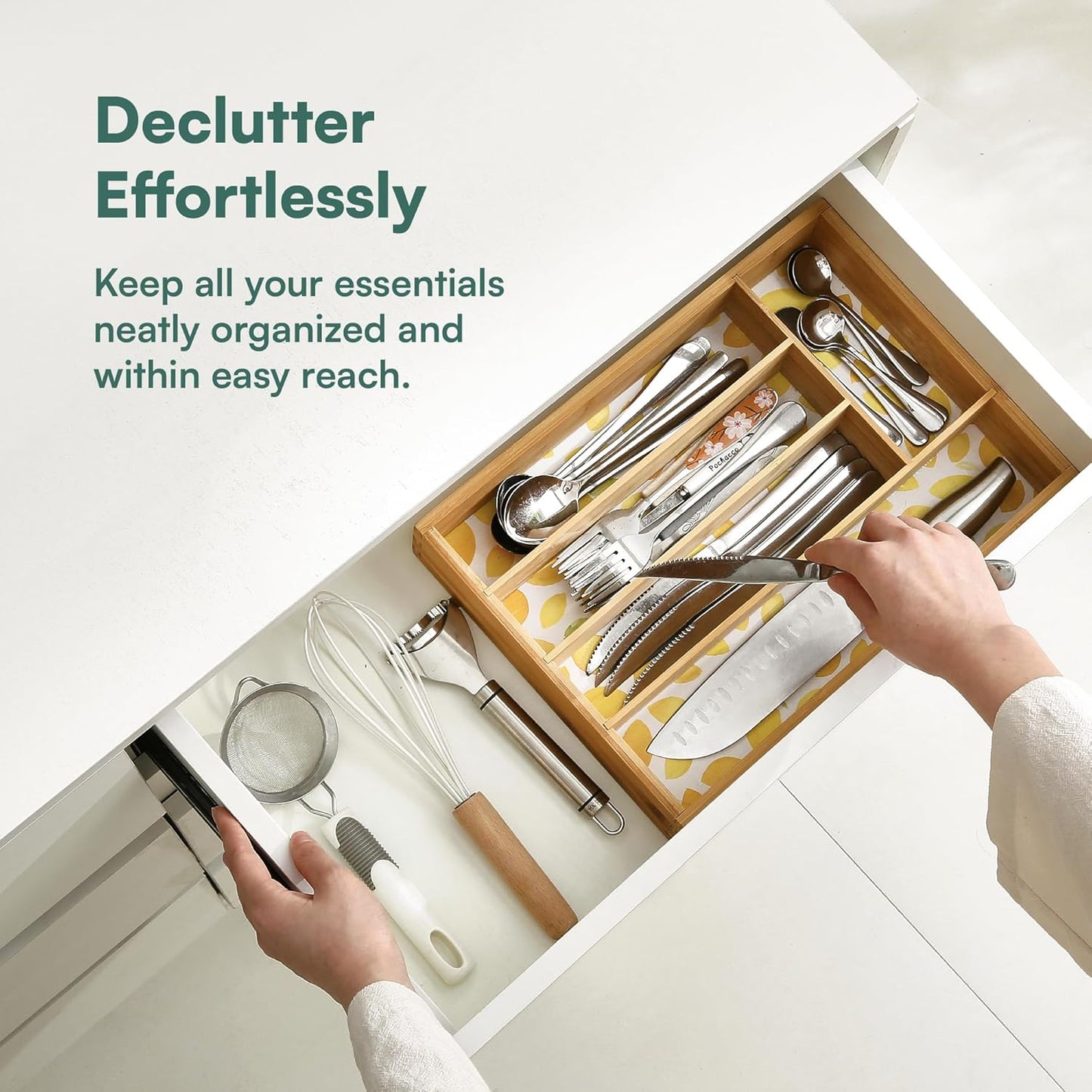 Kitchen Drawer Organizer - Silverware Organizer for Kitchen Organization & Storage, Utensil Holder & Bamboo Organizer for Kitchen Drawers, Kitchen Essentials, 5-Slot, Lemon Print