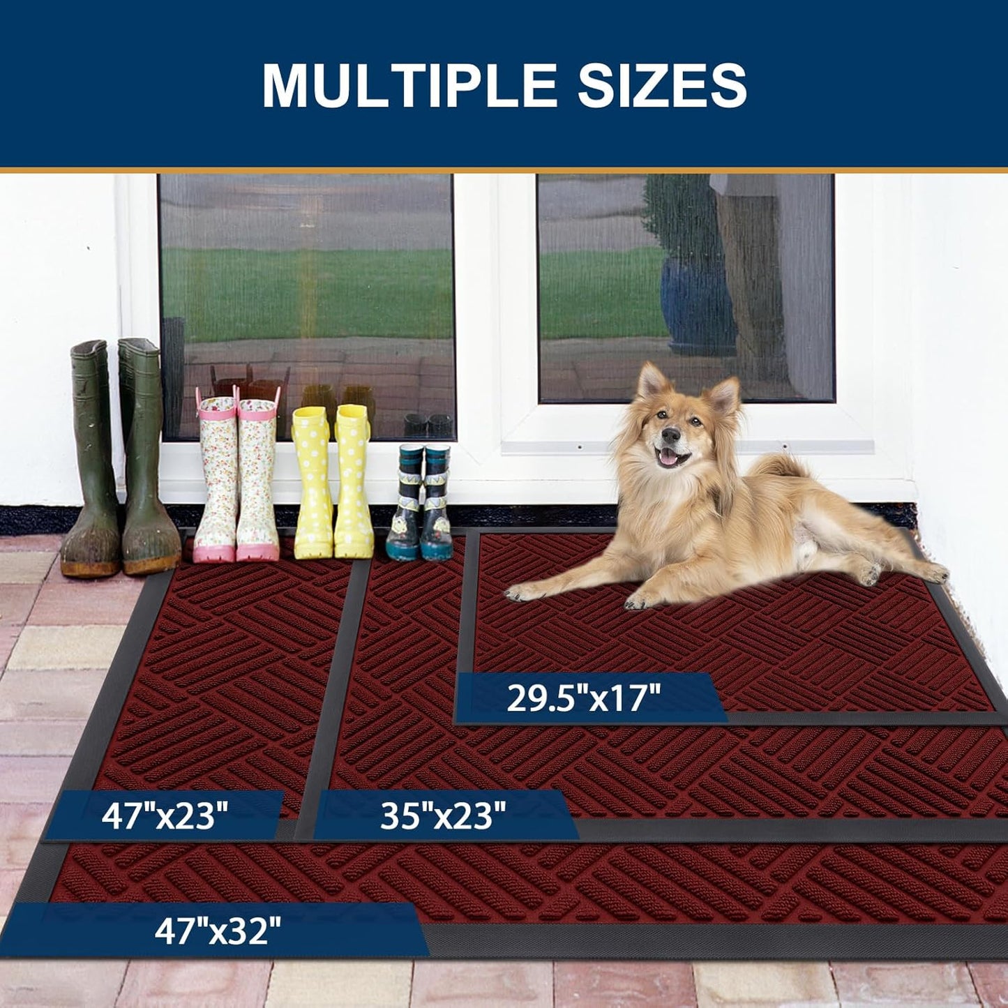 Smiry Front Door Mat Outside Entrance, Heavy Duty Outdoor Indoor Mat, Natural Rubber Doormat, Non Slip, Trap Dirt and Moisture, Easy Clean, Low Profile Patio Porch Entryway Mat, 29.5x17, Red