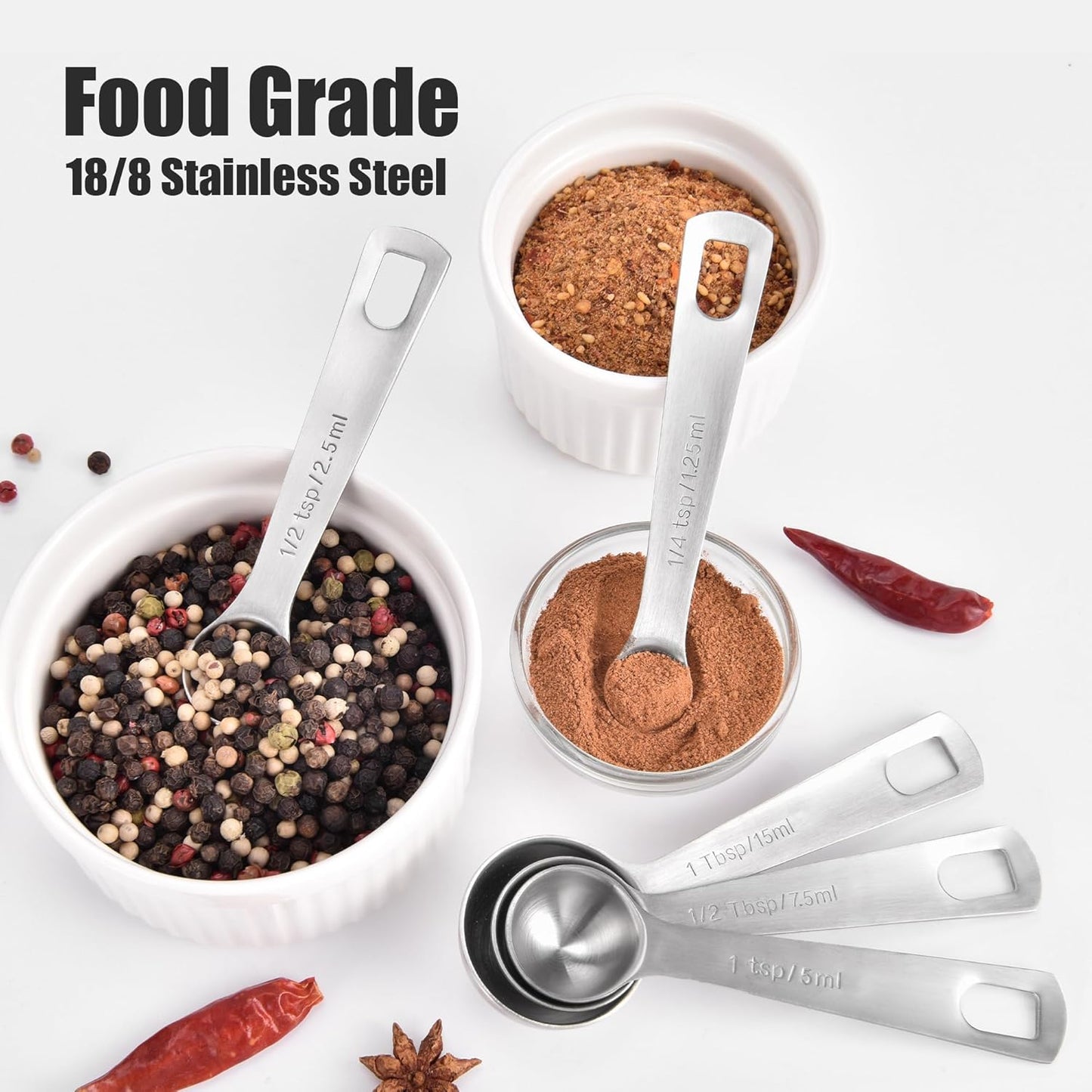 Doosu Measuring Spoons Set of 7-18/8 Stainless Steel Heavy Duty Teaspoons Tablespoons with Engraved Metric & US Measurements, Metal Measure Spoon for Dry and Liquid Ingredients, Dishwasher Safe