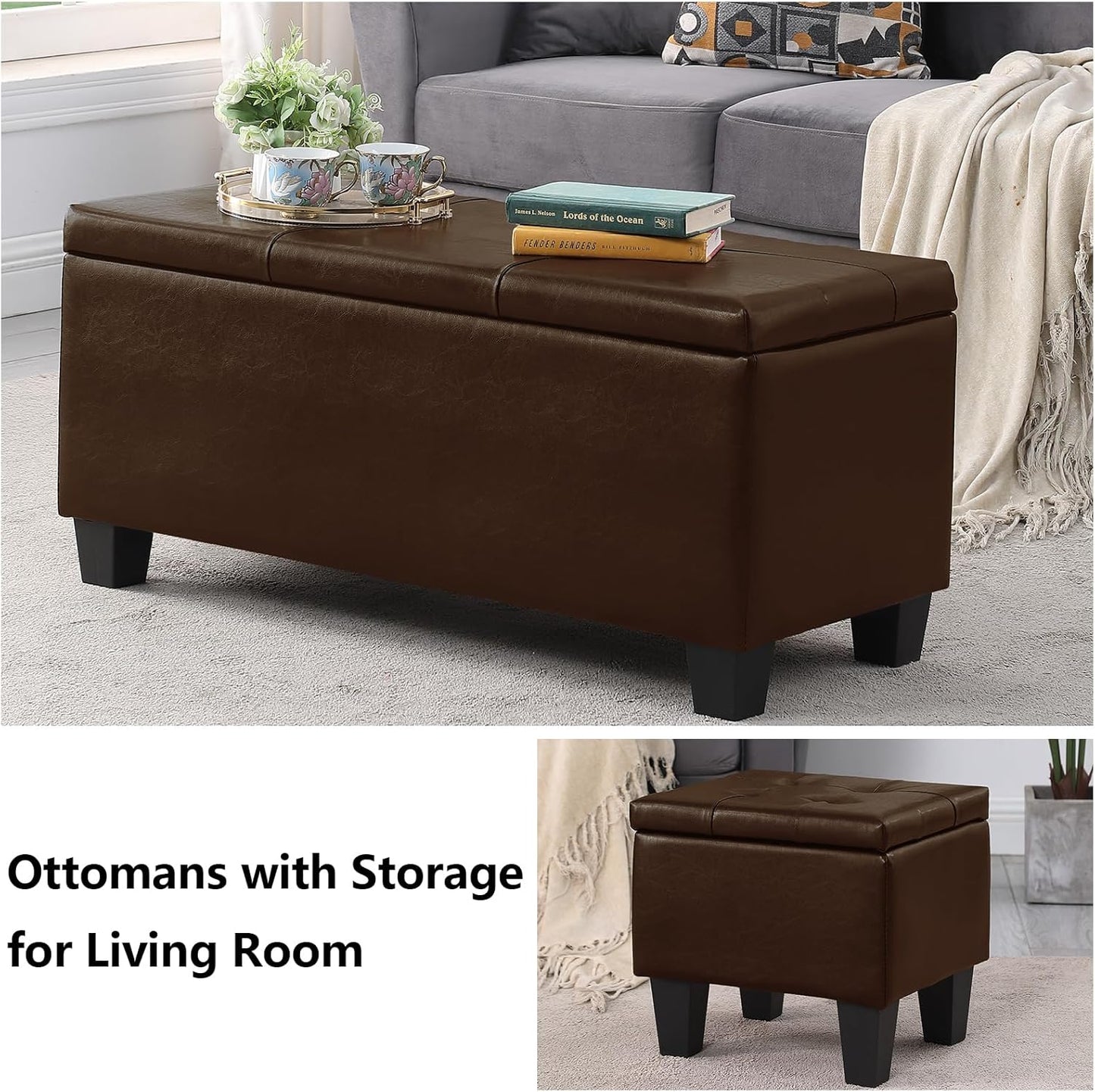Ottoman with Storage Set of 3, 38'' Button Tufted Storage Ottoman with 2 Stools, Easy Open & Close w/Safety Hinges, Extra Seating Foot Rest for Living Room (Brown - PU Leather)
