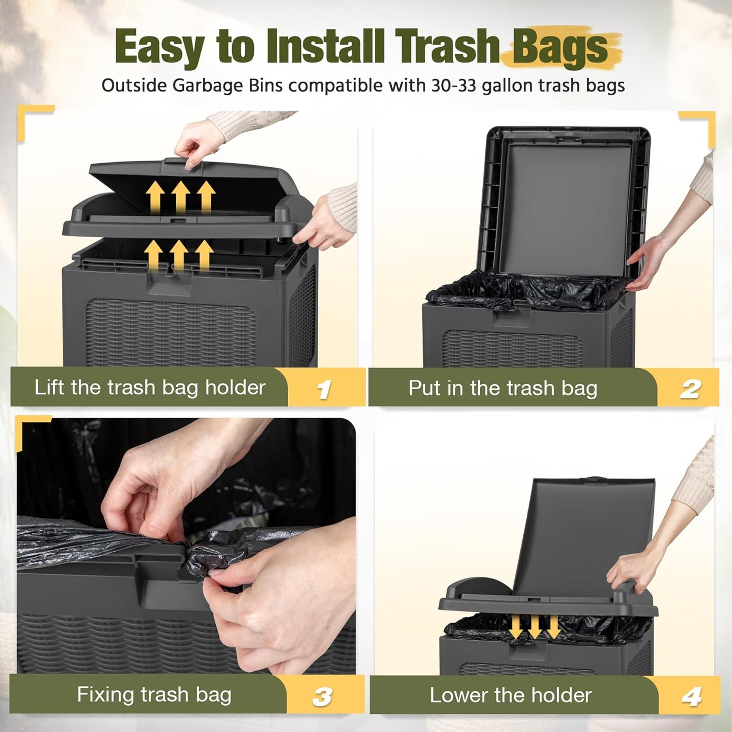 Devoko 33 Gallon Outdoor Trash Can, Hideaway Garbage Bins with Tiered Lid, Waterproof Resin Outside Waste Bins for Patio, Outside Pool, Backyard and Deck (1, Gray)