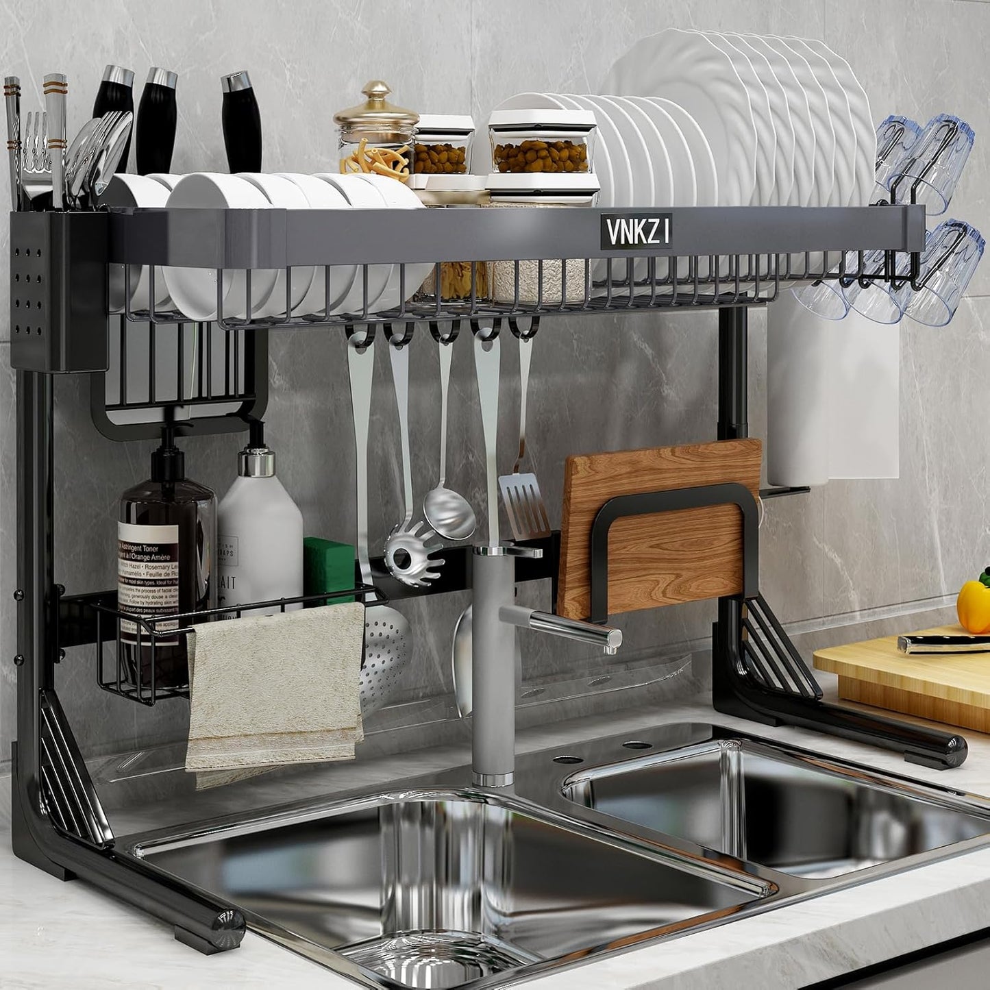 VNKZI Over Sink Dish Drying Rack, 2 Tier Stainless Steel Storage Adjustable Length (25.98'' to 36.61'') Kitchen Rack, Multifunctional Expandable Counter Organizer, Space Saver Dish Rack