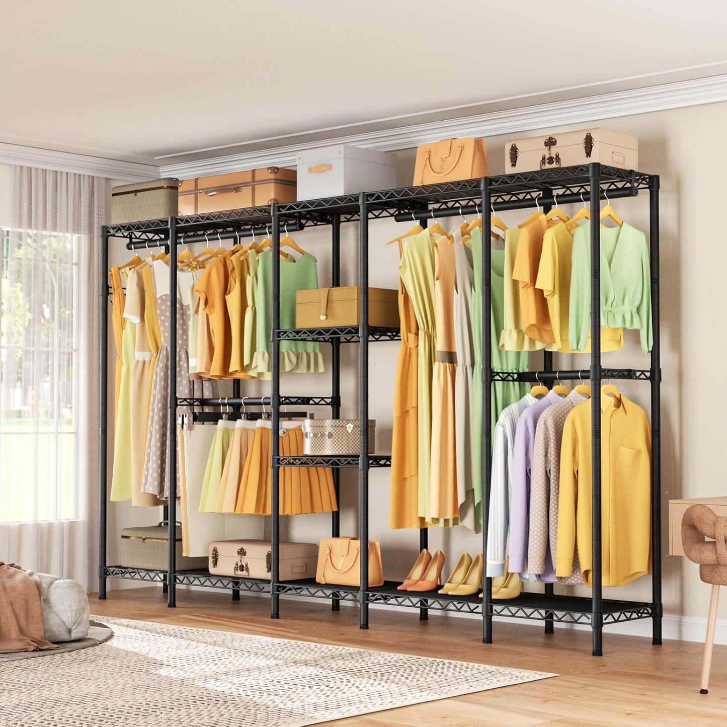 L Shaped Heavy Duty Metal Clothes Rack for Hanging Clothes,Freestanding Garment Rack Closet Wardrobe Rack Clothing Rack with 4 Hanging Rods & 1 Side Hook,50"Lx 50"Wx 76.4"H,Max Load 1100LBS