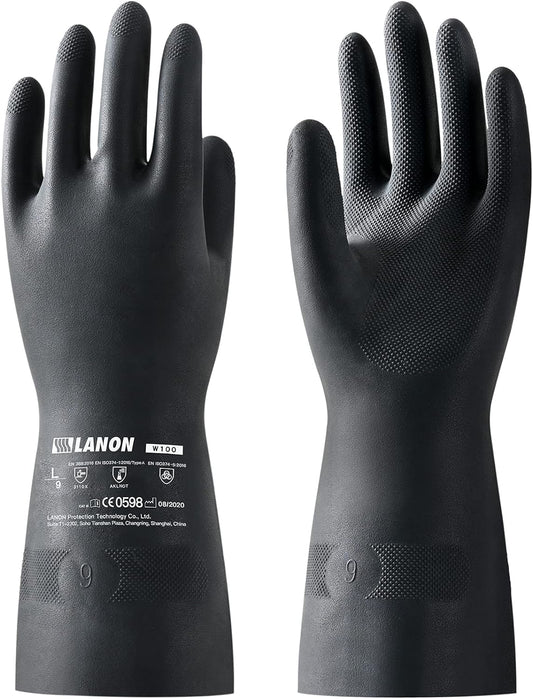LANON Rubber Chemical Resistant Gloves, Reusable Heavy-duty Safety Work Gloves, Acid & Alkali
