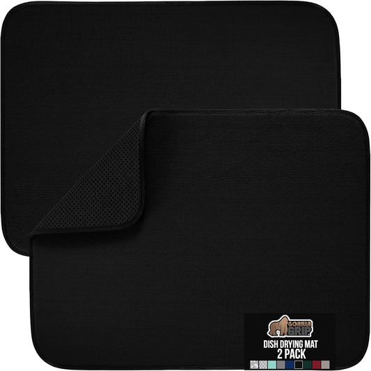 GORILLA GRIP Ultra Water Absorbent Microfiber Dish Drying Mat, 18x24, Quick Dry Thick Mesh, Slip Resistant Pad for Sink Dishes or Under Rack, Kitchen Counter Accessories, Machine Wash, 2 Pack Black