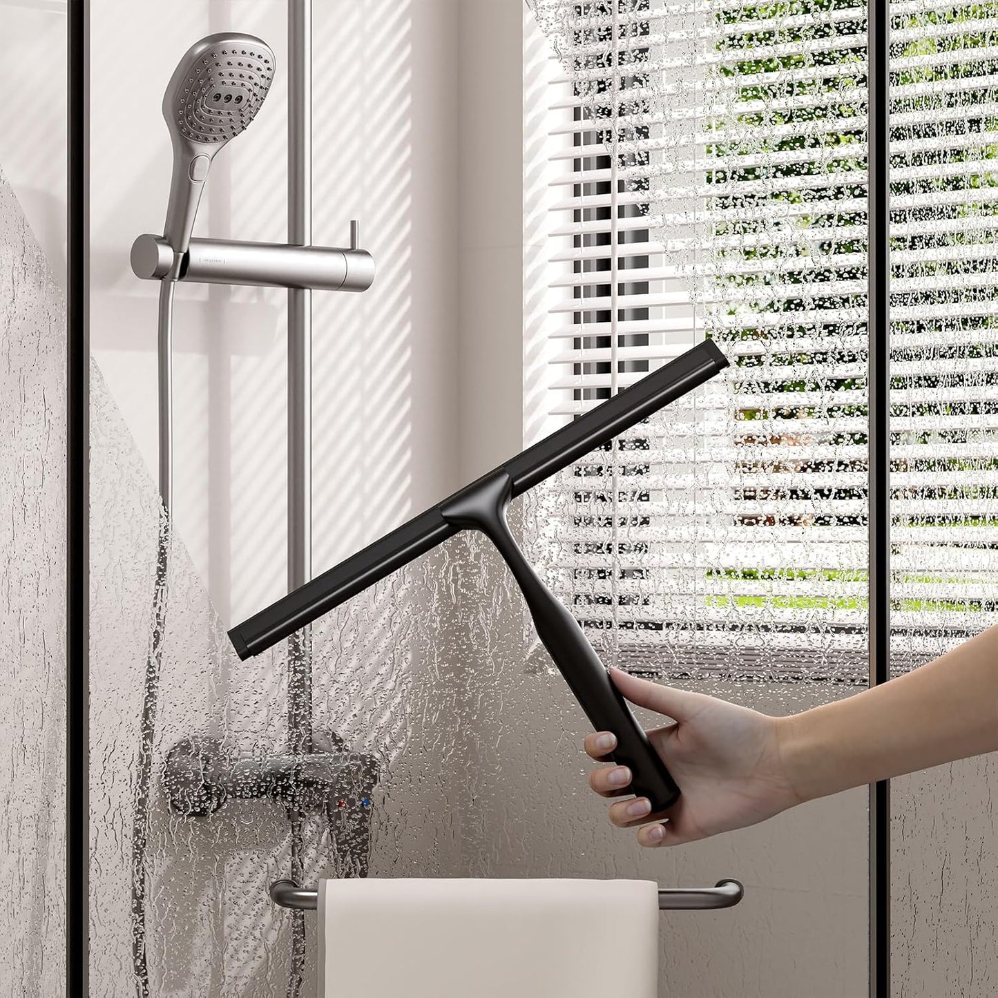 Stainless Steel Shower Squeegee for Glass Doors, Multi-Purpose Squeegee for Shower Glass, Bathroom and Car Windows, Squeegee with Adhesive Hook-10”, Black