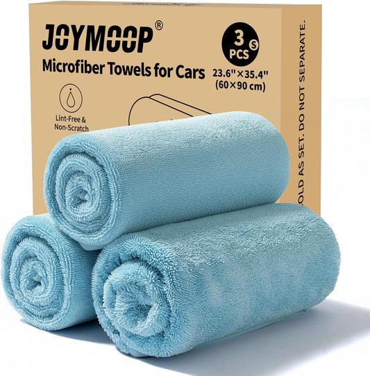 JOYMOOP Microfiber Towels for Cars, 3 Pack 35.4" x 23.6" Car Drying Towel, Blue Reusable Car Towel