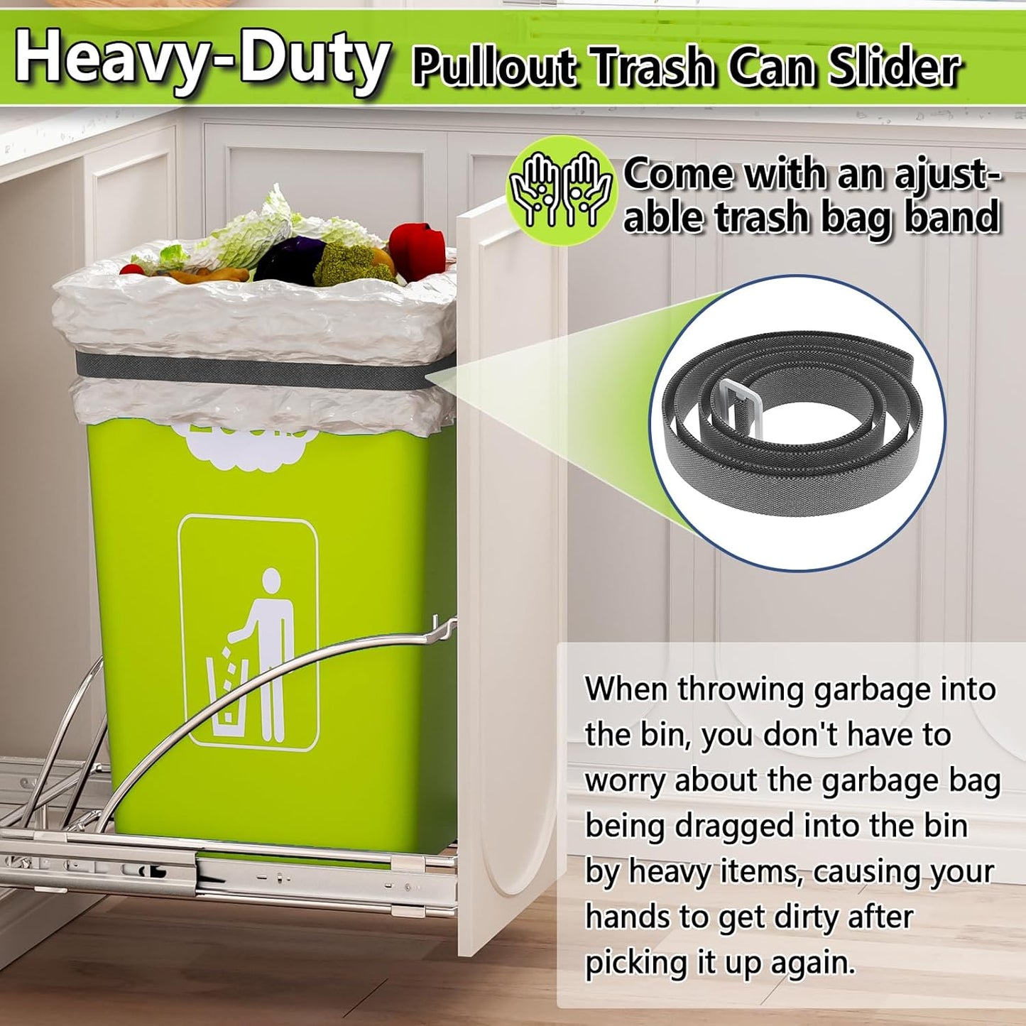 Pull Out Trash Can Slide Rail Under Cabinet 7-13 Gallon 50 Qt Under Sink Trash Can Pull Out Trash Can for Kitchen Cabinets Slide Out Garbage Bin Under Counter, No Can Include (Silver)